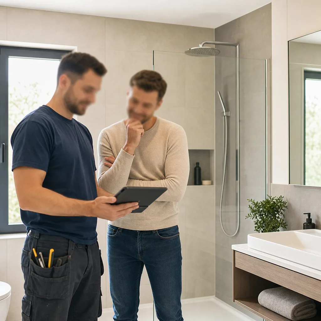 Baño reformado con ducha de obra, azulejos grises y mueble suspendido