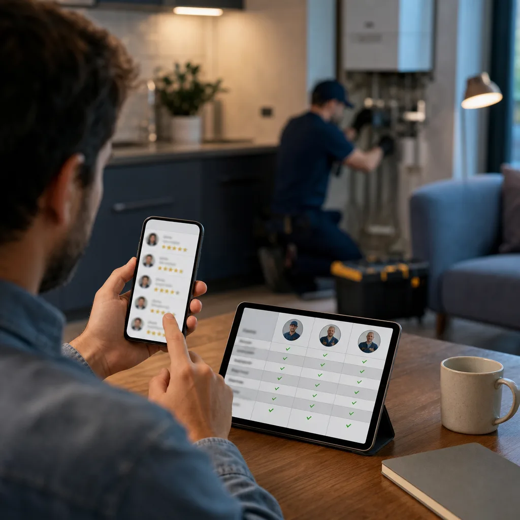 Persona revisando opiniones online en un smartphone con estrellas de valoración y comentarios de usuarios.