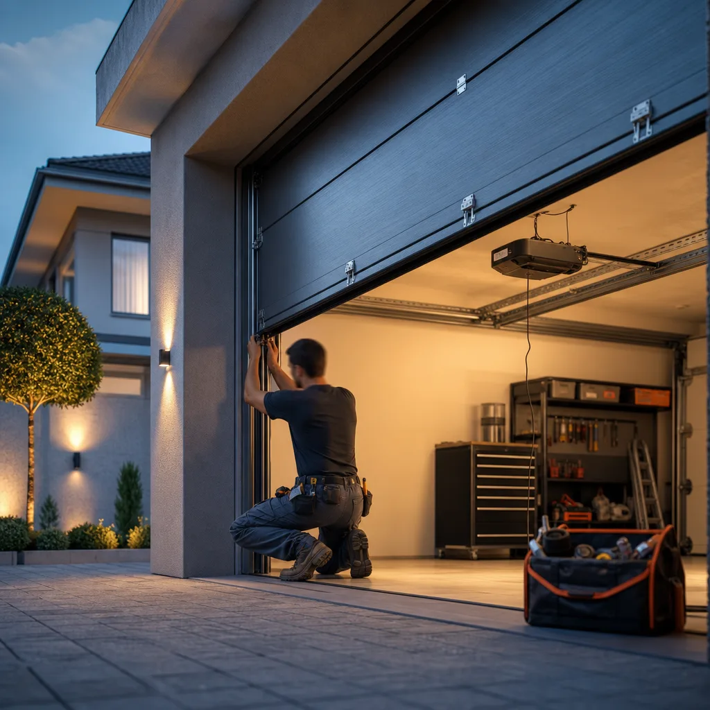 Puerta de garaje seccional con motor instalada en una vivienda unifamiliar
