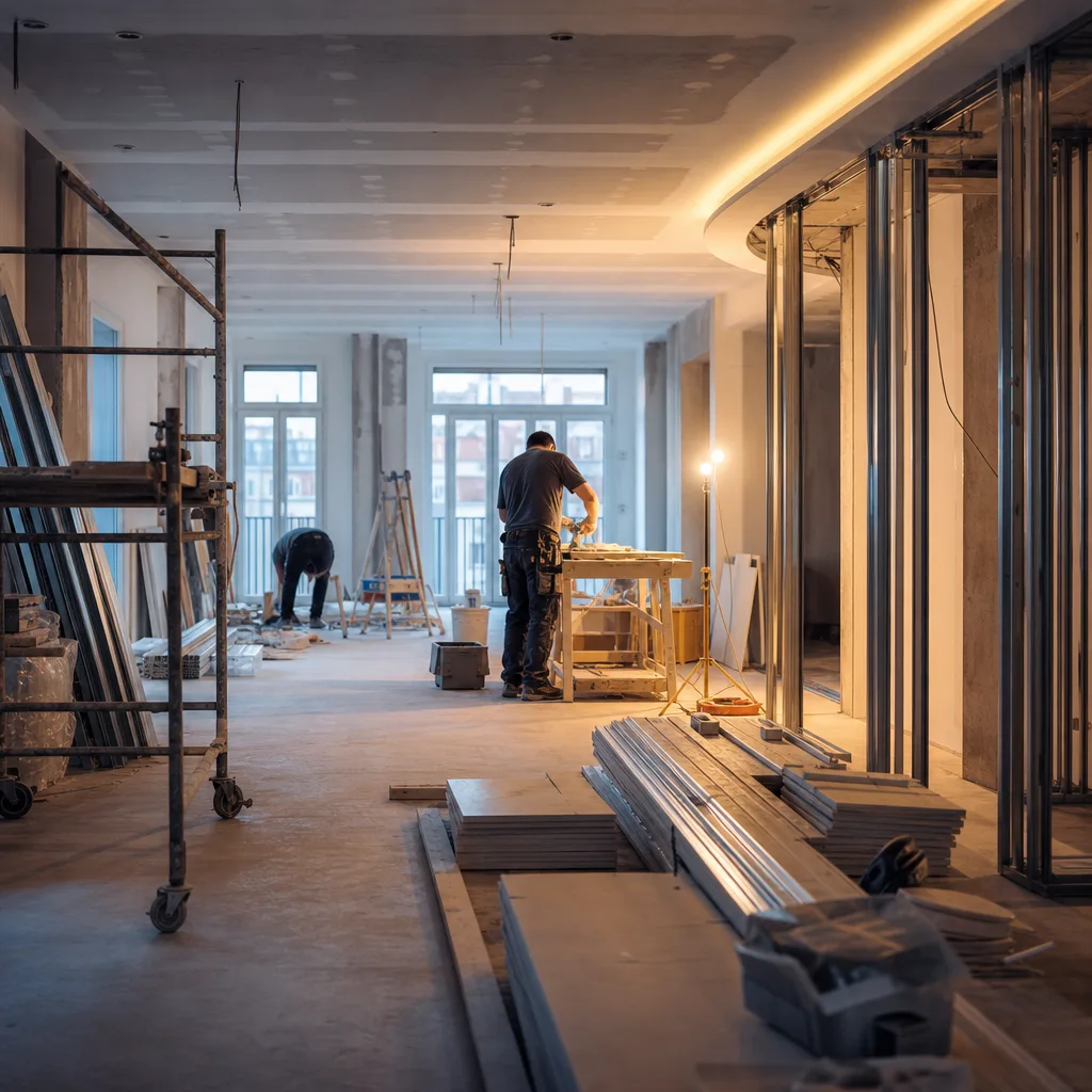Fotografía de un piso en plena reforma integral con andamios y materiales de construcción en 2026